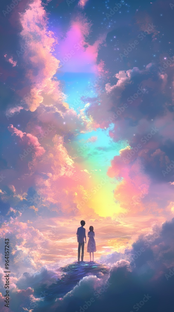 Obraz premium Two Silhouettes Standing on Clouds Under a Vibrant Sky