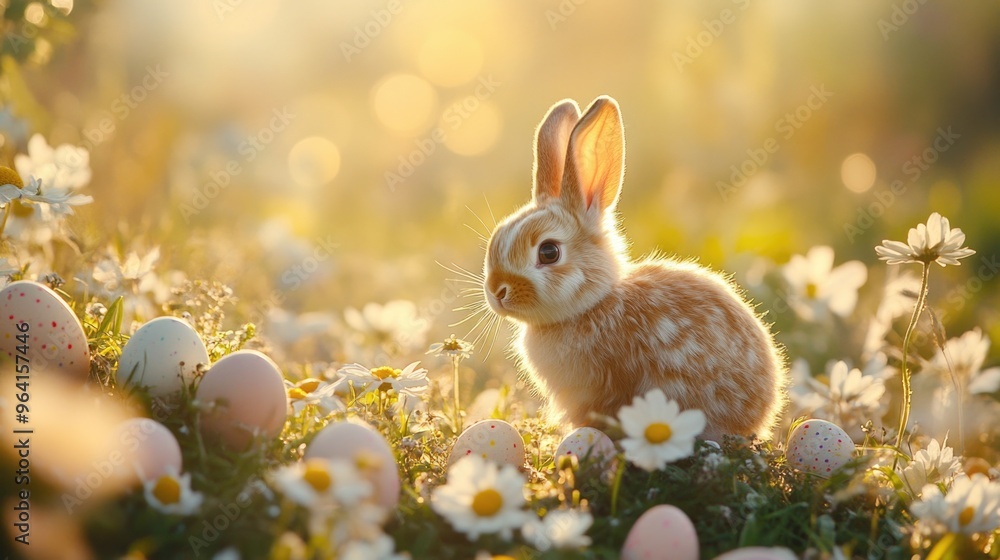 A baby rabbit is sitting in a field of flowers and eggs. The scene is peaceful and serene, with the rabbit being the center of attention A baby rabbit is sitting in a field of flowers and eggs. The scene is peaceful and serene, with the rabbit being the center of attention
