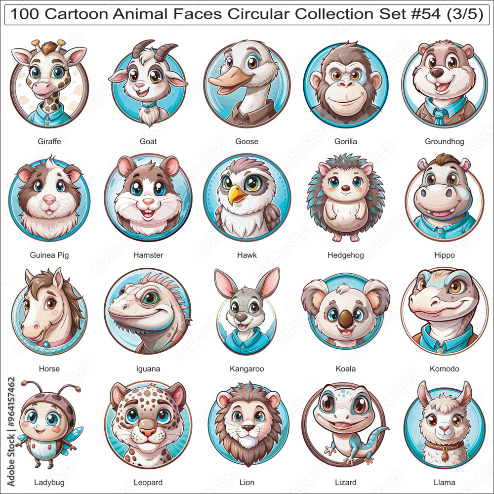 Cartoon Animal Faces Circular Collection Set of 100 Isolated Animals Part 3 Cartoon Animal Faces Circular Collection Set of 100 Isolated Animals Part 3