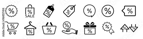 Discount web icons in line style. Shopping tag, cart, coupon, label, sticker, badge, speech bubble with percentage symbol