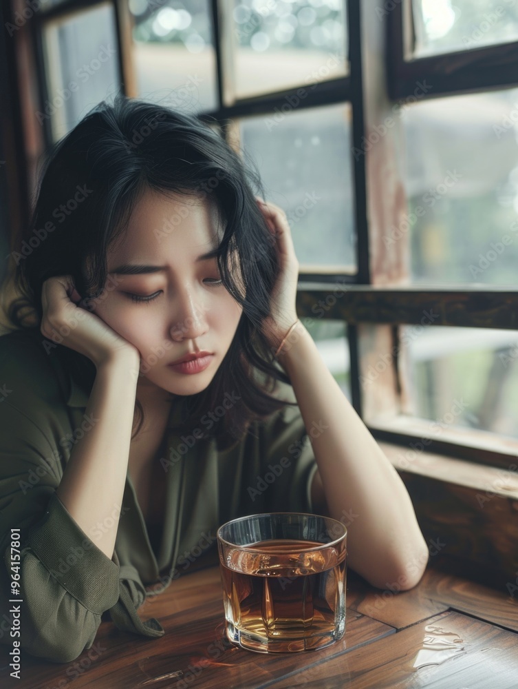 A woman is sitting at a table with a glass of alcohol in front of her. She is in a sad or depressed mood A woman is sitting at a table with a glass of alcohol in front of her. She is in a sad or depressed mood