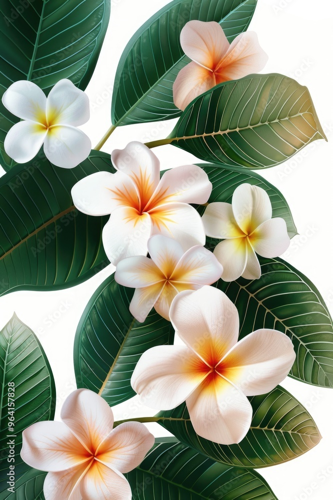 Fototapeta premium A close up of a bunch of white flowers with orange centers. The flowers are arranged in a way that they look like they are growing out of a leaf. The image has a serene and calming mood