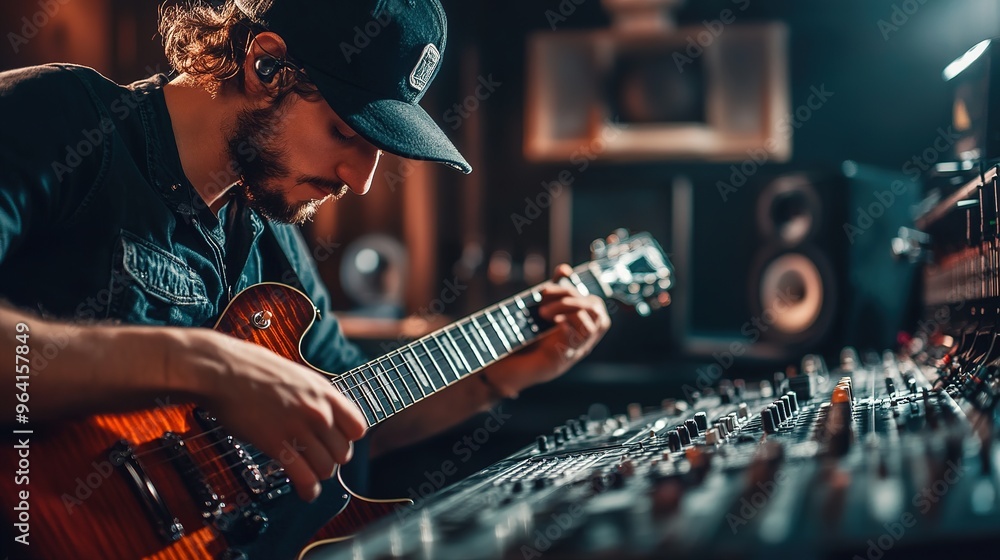 Obraz premium A guitarist recording a track in a professional studio, surrounded by recording equipment
