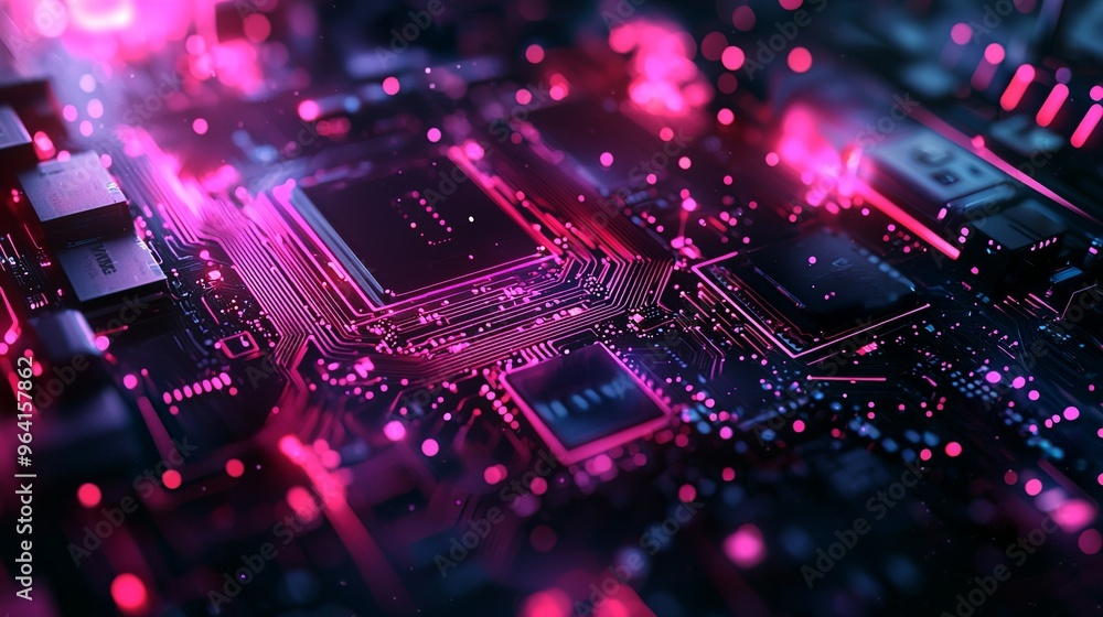 Futuristic Circuit Board with Glowing Pink and Blue Lights Futuristic Circuit Board with Glowing Pink and Blue Lights