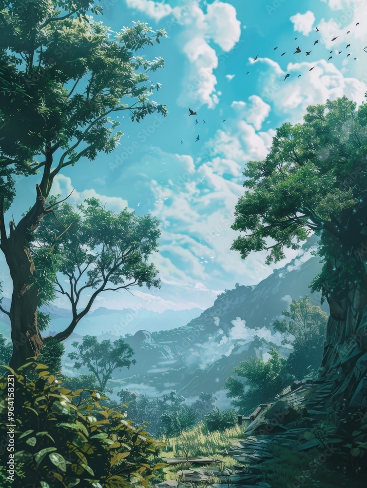 A forest with a mountain in the background. The sky is blue and there are birds flying in the sky A forest with a mountain in the background. The sky is blue and there are birds flying in the sky