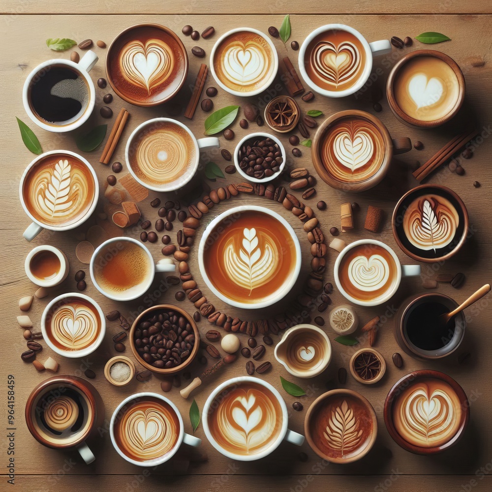 A captivating collection of coffee cups showcasing various latte art designs. This overhead view highlights the intricate patterns, perfect for coffee enthusiasts and baristas.. AI Generation A captivating collection of coffee cups showcasing various latte art designs. This overhead view highlights the intricate patterns, perfect for coffee enthusiasts and baristas.. AI Generation