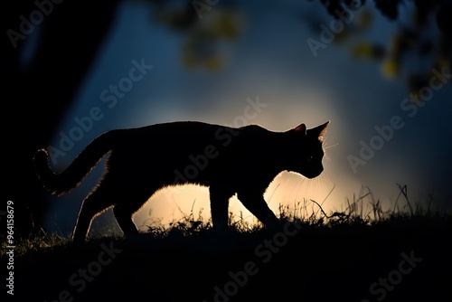 Silhouette of a Cat Walking at Sunset