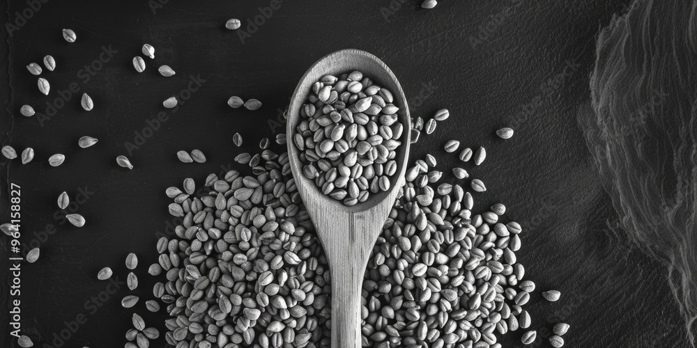 Fototapeta premium A spoonful of grain is on a black surface. The grain is scattered and the spoon is the only thing that is in focus