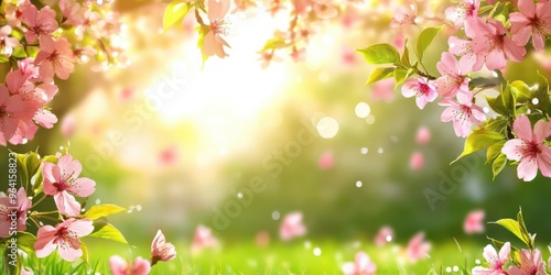 A spring wallpaper showing a beautiful image of a field of flowers with a bright sun shining on them