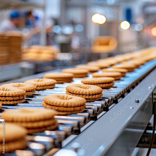 Freshly baked golden cookies on a conveyor belt in a commercial bakery