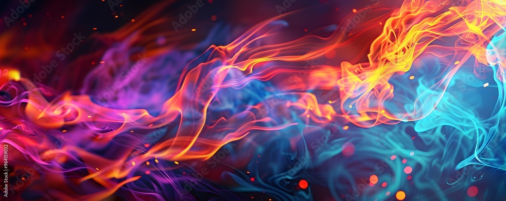 Fototapeta premium Abstract swirling blue, red, and orange smoke with bokeh lights.