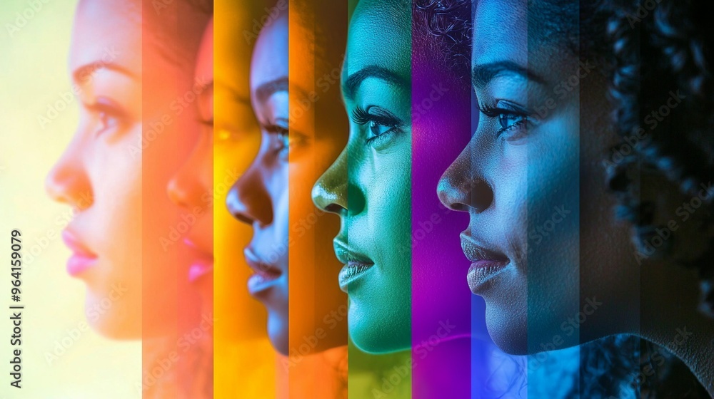 Fototapeta premium Side Profile Portraits of Diverse Women in Rainbow Gradient Colors