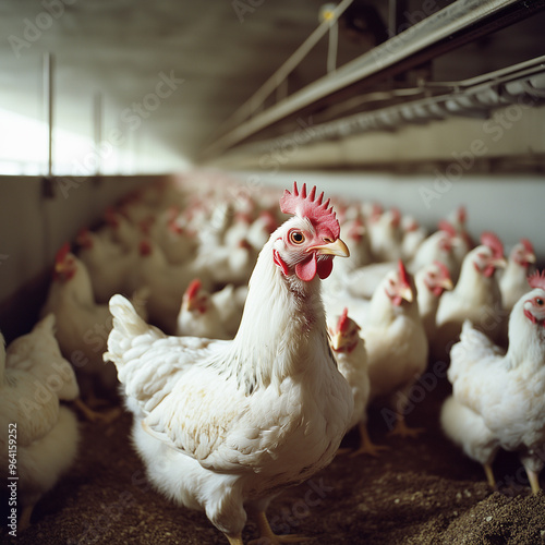 A large chicken farm with many white chickens. There is an electronic screen on the wall displaying real-time data of each egg-laying hen, and several digital display boards