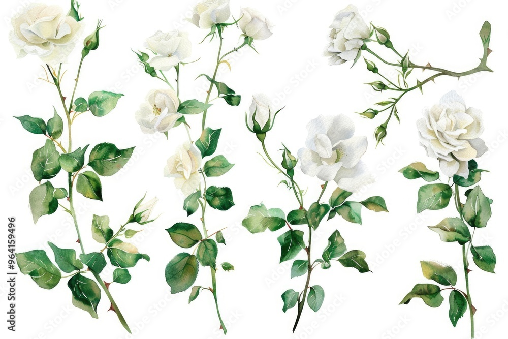 A set of white flowers with green leaves. The flowers are arranged in a row, with some of them overlapping each other. Scene is peaceful and serene, as the flowers are depicted in a natural setting A set of white flowers with green leaves. The flowers are arranged in a row, with some of them overlapping each other. Scene is peaceful and serene, as the flowers are depicted in a natural setting