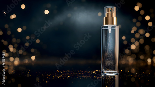 clear toner bottle standing on a reflective black surface, with golden details and soft lighting creating a high-end, elegant aesthetic photo