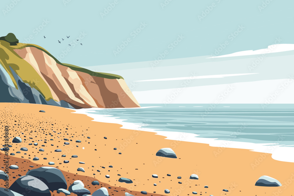 Serene Beach with Cliffs and Blue Sea – Vector Illustration. Serene Beach with Cliffs and Blue Sea – Vector Illustration.