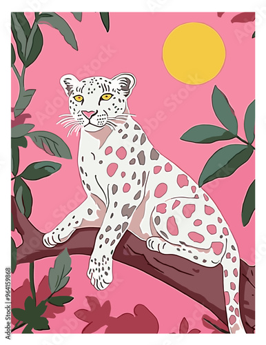 Tropical Safari Wildlife Illustration of white and pink panther with Colorful Flowers and Jungle Animals, vector illustration