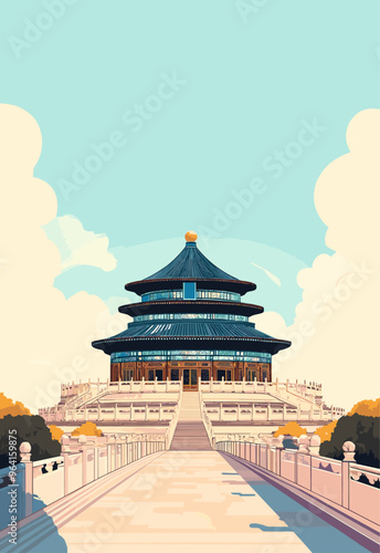 Stunning Japanese Temple with Pathways and Blue Sky Vector Illustration.