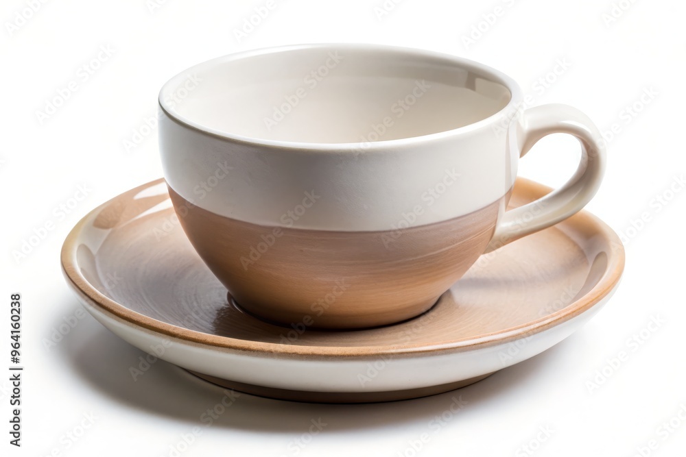 A ceramic cup with a rounded body, angular rim, and saucer-shaped base, adorned with a simple, white ceramic design and a small handle on one side. A ceramic cup with a rounded body, angular rim, and saucer-shaped base, adorned with a simple, white ceramic design and a small handle on one side.