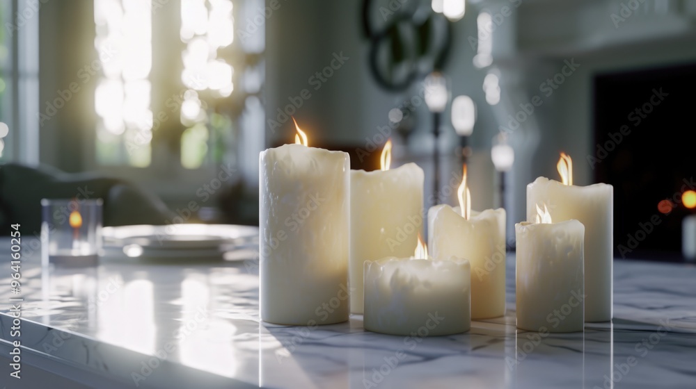 A table with a white tablecloth and a set of candles in various sizes. The candles are lit and the room is illuminated by the light from the candles. Scene is warm and inviting A table with a white tablecloth and a set of candles in various sizes. The candles are lit and the room is illuminated by the light from the candles. Scene is warm and inviting