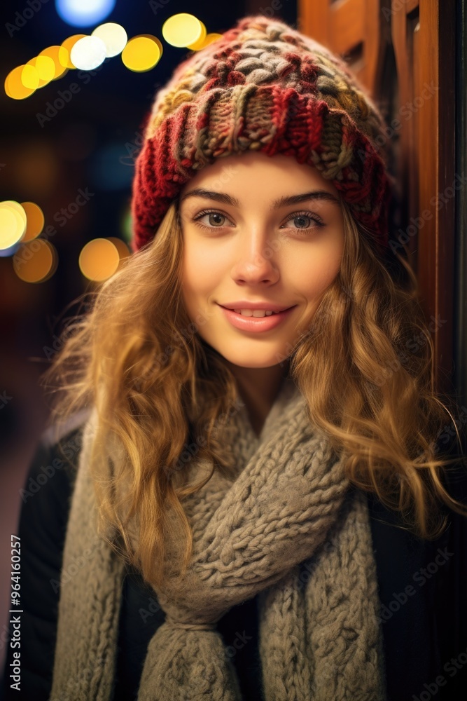 A woman wearing a red and gray knit hat and scarf. She is smiling and looking at the camera A woman wearing a red and gray knit hat and scarf. She is smiling and looking at the camera
