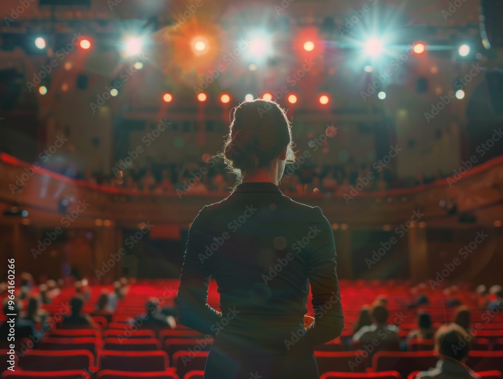 Fototapeta premium A woman stands in front of a stage with a crowd of people watching her. The stage is lit up with bright lights, creating a dramatic atmosphere. The woman is a performer, possibly a singer or actress