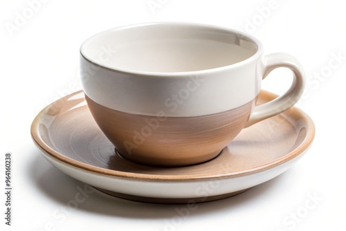 A ceramic cup with a rounded body, angular rim, and saucer-shaped base, adorned with a simple, white ceramic design and a small handle on one side.