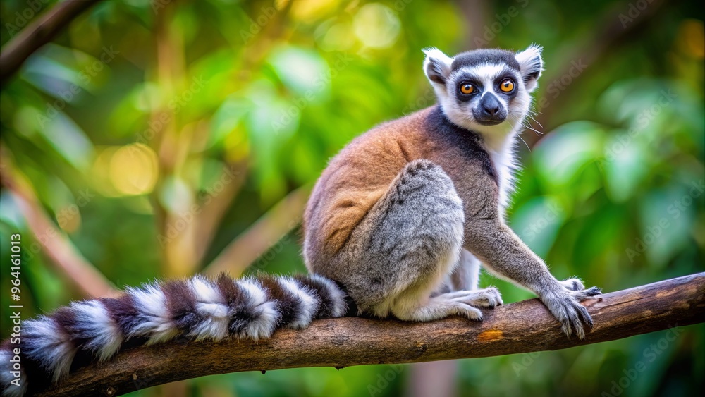 A Lemur Catta sitting on a tree branch with its signature striped tail wrapped around the branch, the background slightly blurred to emphasize the lemur A Lemur Catta sitting on a tree branch with its signature striped tail wrapped around the branch, the background slightly blurred to emphasize the lemur