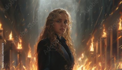 Young woman standing amidst flames in dramatic scene