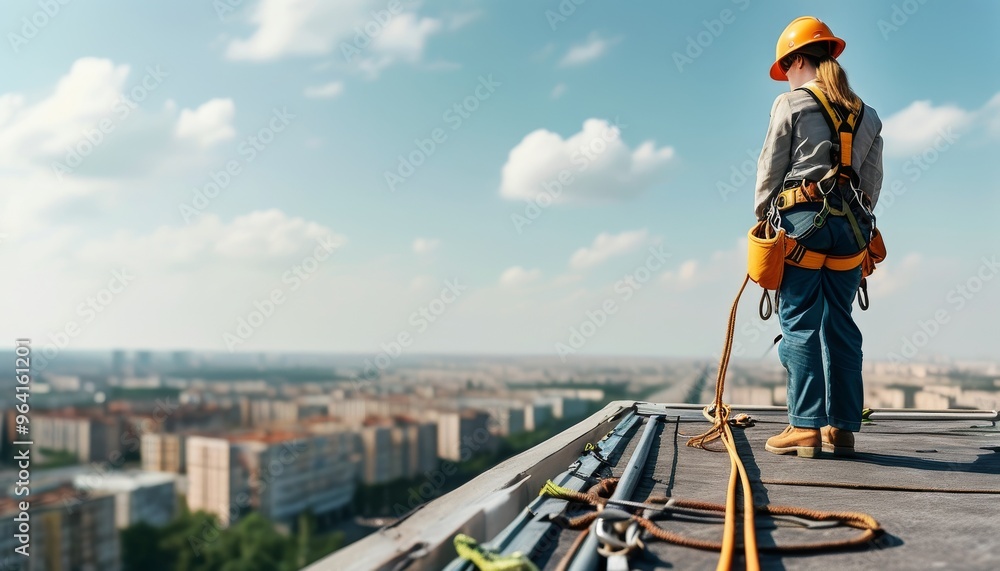 Female construction worker in safety gear on rooftop Female construction worker in safety gear on rooftop