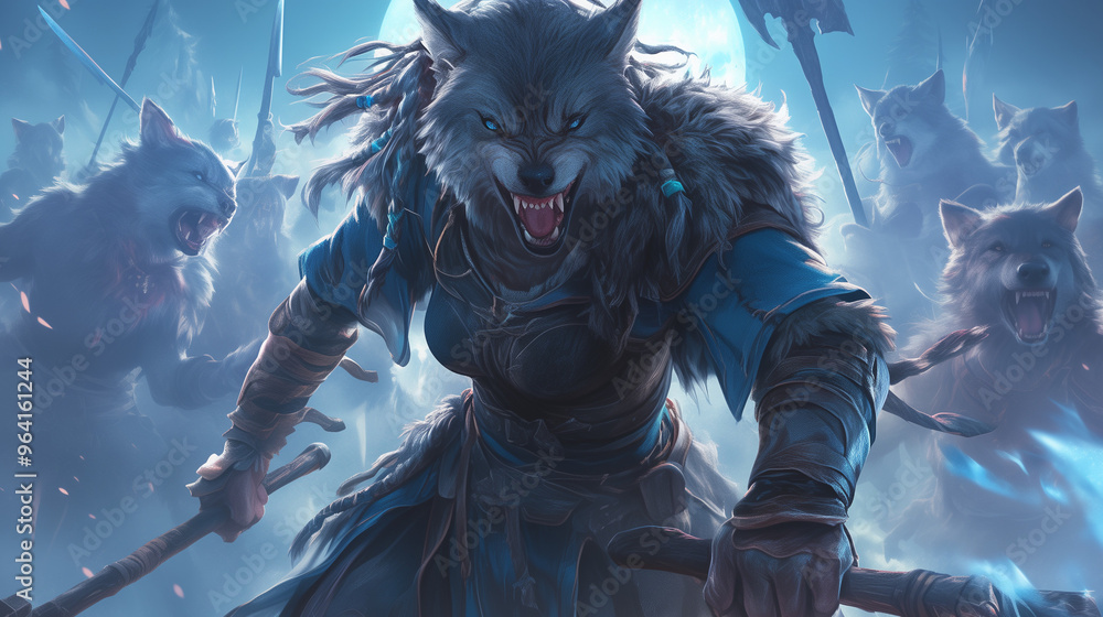 wolf beastfolk warrior roaring as she charges into battle with her pack ...