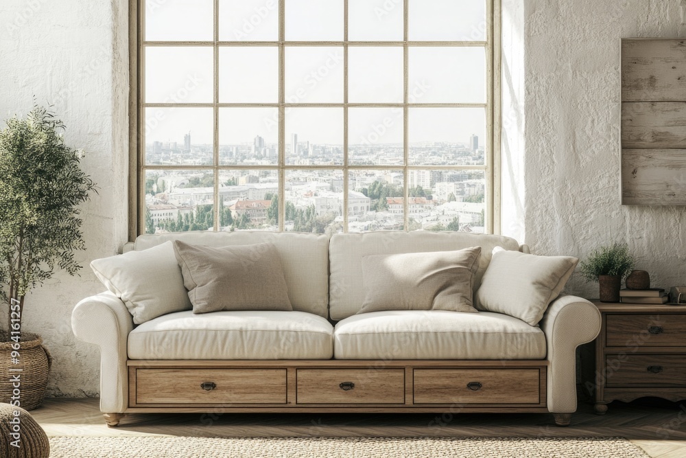 A large white couch with a window in the background. The couch is in a room with a wooden table and a potted plant. The room has a clean and minimalist look A large white couch with a window in the background. The couch is in a room with a wooden table and a potted plant. The room has a clean and minimalist look