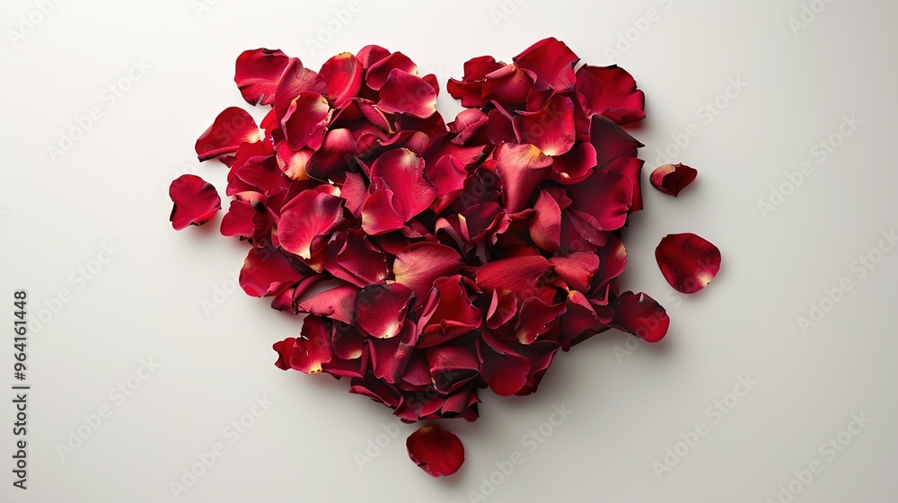 A heart made of realistic red rose petals on a white background. A heart made of realistic red rose petals on a white background.