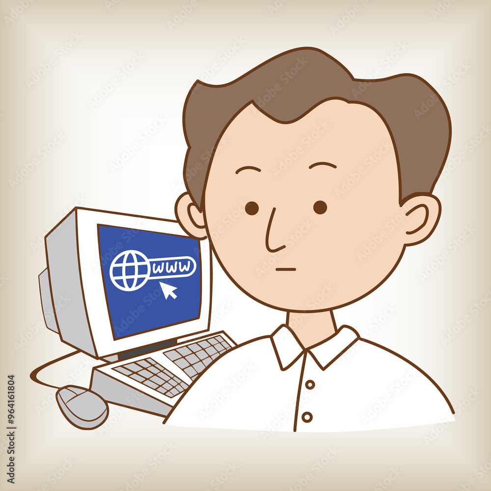 Portrait cartoon of Sir Timothy John Berners-Lee with computer