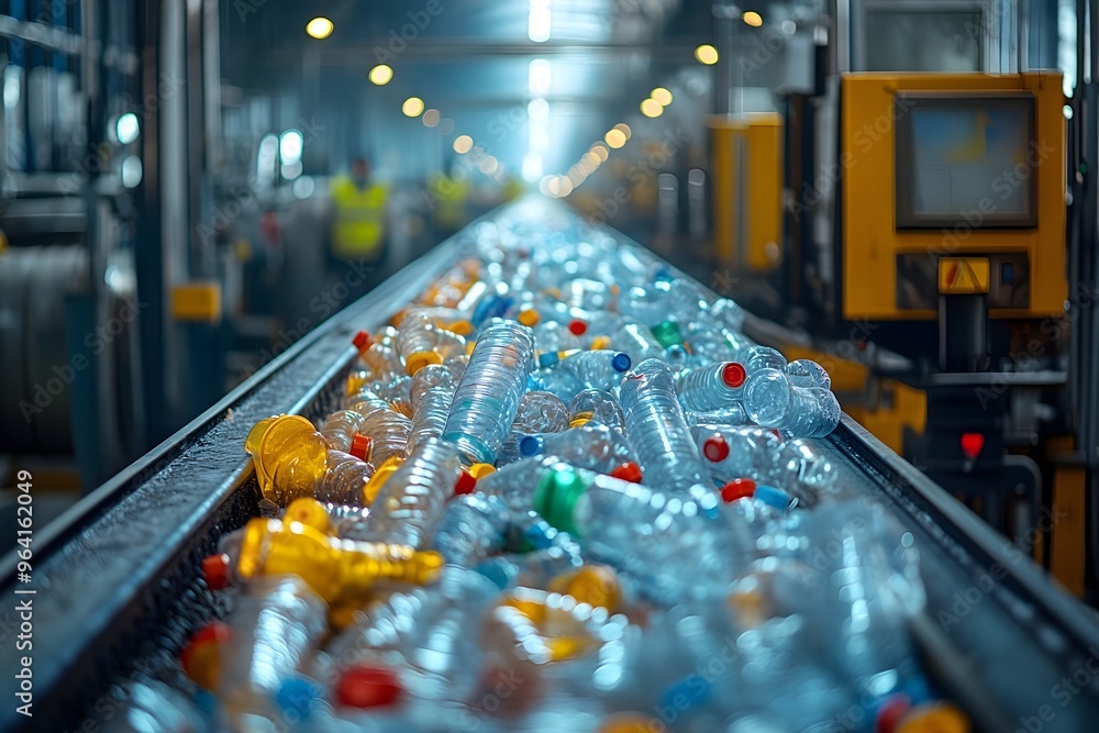 Plastic recycling in action. A close-up view of a conveyor belt carrying various plastic bottles Plastic recycling in action. A close-up view of a conveyor belt carrying various plastic bottles