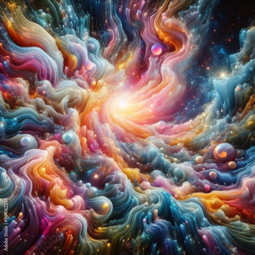 A mesmerizing abstract representation of a cosmic swirl with vibrant colors, evoking a sense of movement and energy. This digital artwork captures the beauty and mystery of the universe in a dynamic