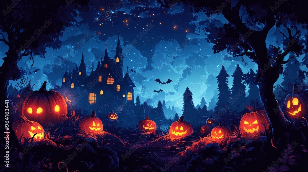 Spooky Halloween scene with glowing jack o lanterns in a dark forest near a haunted castle. Spooky Halloween scene with glowing jack o lanterns in a dark forest near a haunted castle.