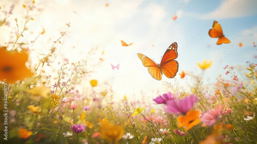 A spring wallpaper showing a field of flowers with many butterflies flying around A spring wallpaper showing a field of flowers with many butterflies flying around