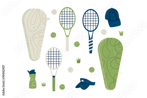 Various vector tennis equipment including rackets, caps, balls, water bottle, and a tennis bag on a white background