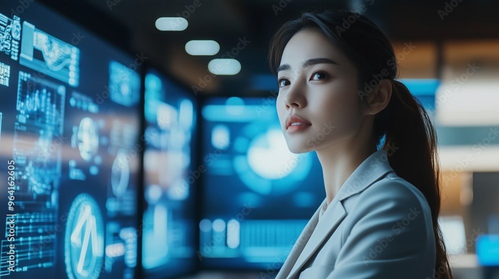 A woman stands in front of a computer monitor displaying a lot of data. Concept of professionalism and concentration. A woman stands in front of a computer monitor displaying a lot of data. Concept of professionalism and concentration.