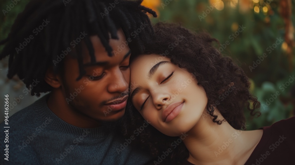 A couple sharing a quiet moment together, sitting close with a serene and content expression. A couple sharing a quiet moment together, sitting close with a serene and content expression.