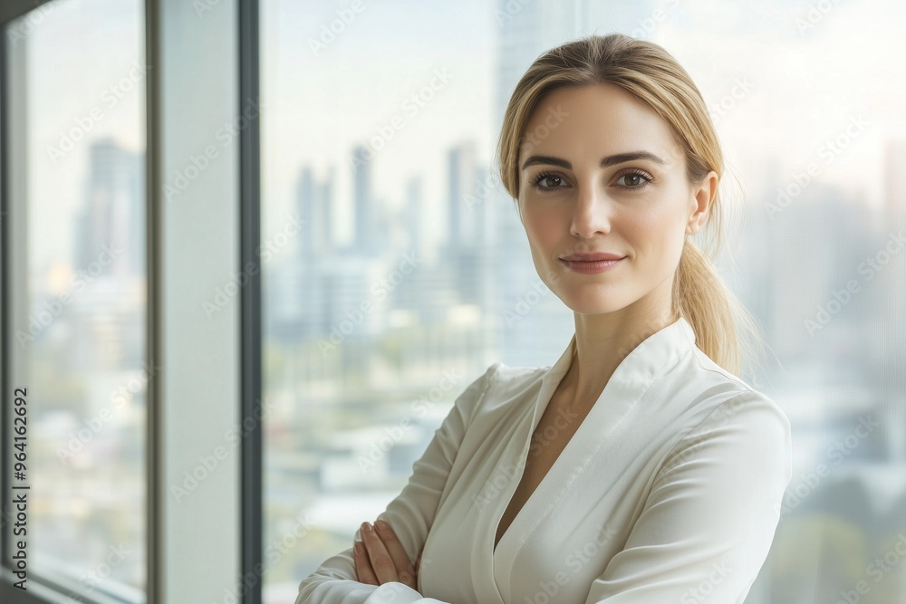A woman in a business suit stands in front of a window with a city view. Concept of professionalism and confidence. A woman in a business suit stands in front of a window with a city view. Concept of professionalism and confidence.
