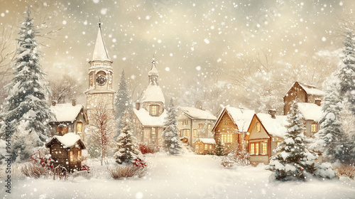 Wallpaper Mural Widok na wioskę świąteczną w stylu vintage, pokrytą śniegiem, z klasycznymi, dekorowanymi domkami i zimowym krajobrazem. Retro klimat i subtelne detale tworzą ciepłą, świąteczną atmosferę. Torontodigital.ca
