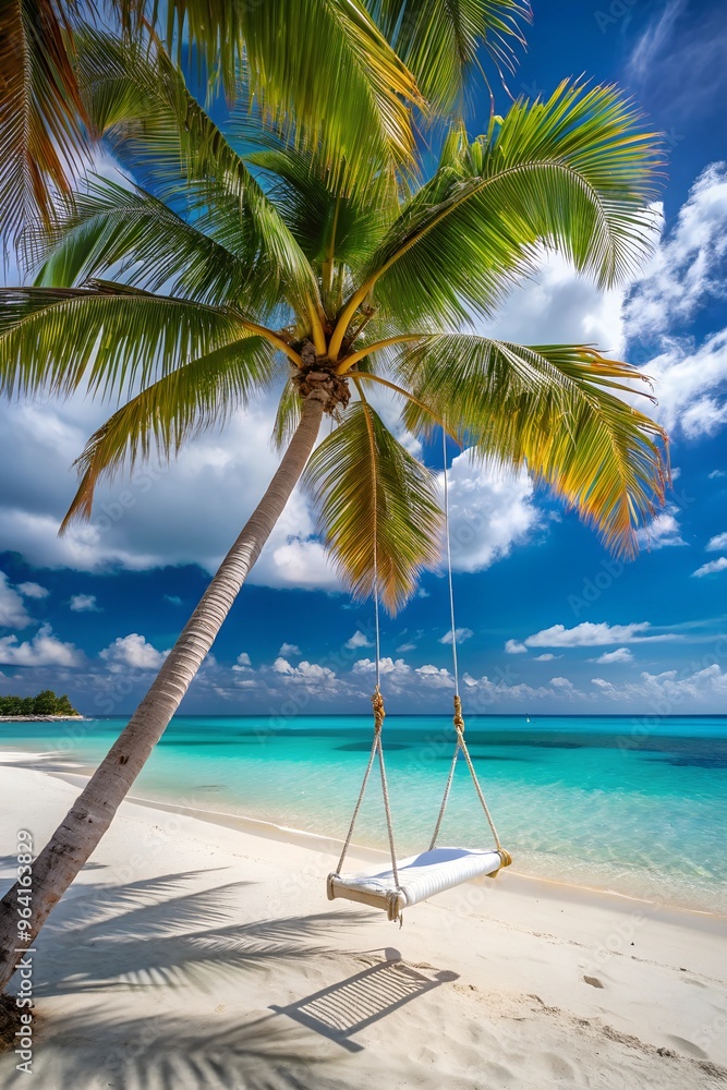 A tranquil tropical beach backdrop features a beach swing or hammock, white sand, and a serene sea, ideal for relaxation and summer holidays. Bahamas A tranquil tropical beach backdrop features a beach swing or hammock, white sand, and a serene sea, ideal for relaxation and summer holidays. Bahamas