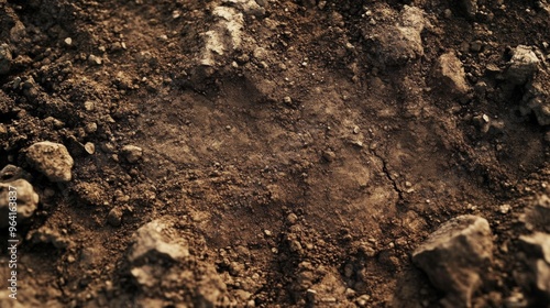 A Close Up View of Rich, Dark Soil Displaying Its Unique Texture and Diverse Pebbles Beneath