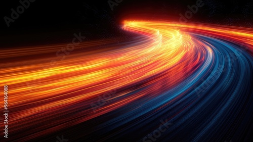 A dynamic swirl of vibrant light trails in orange and blue, suggesting motion and energy.