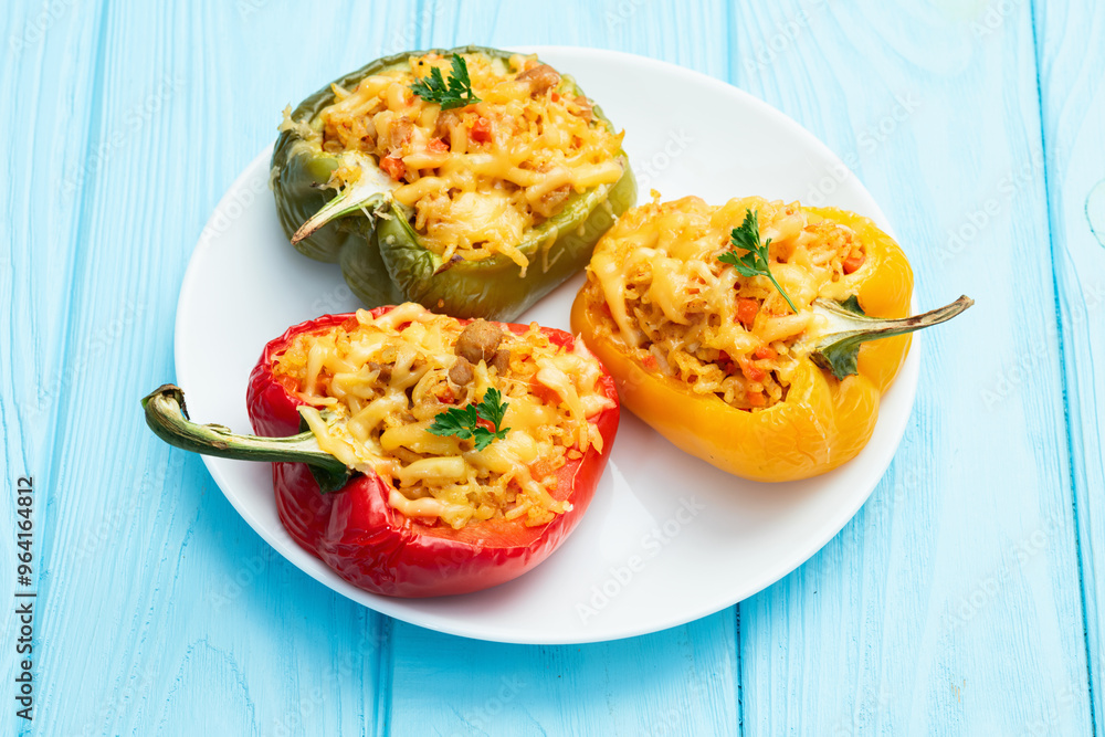 Baked stuffed pepper ( paprika ) with rice , carrot and meat . Top view on rustic background Baked stuffed pepper ( paprika ) with rice , carrot and meat . Top view on rustic background