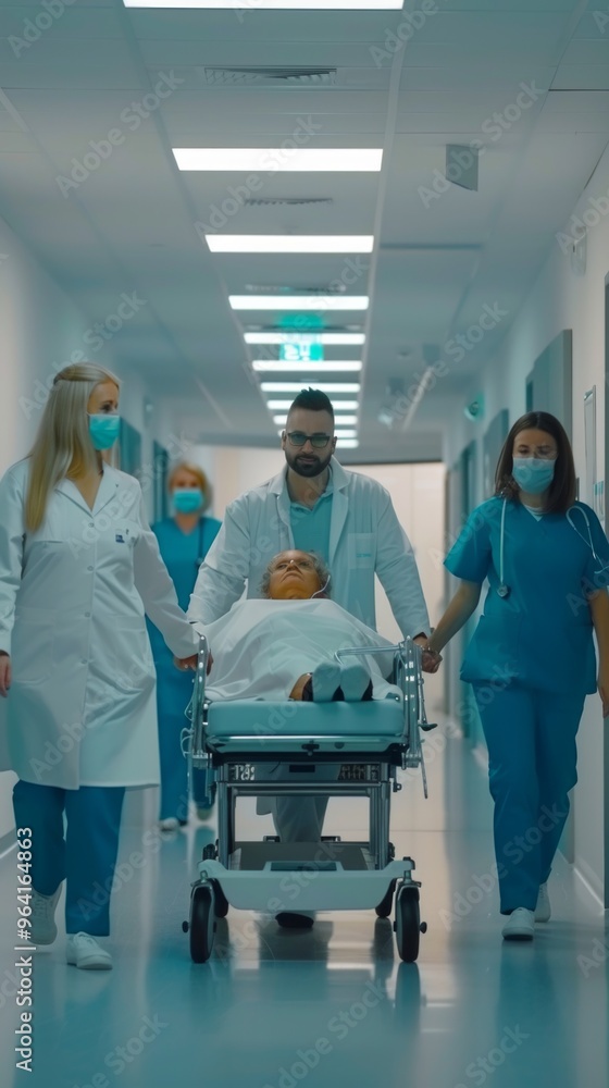 Obraz premium Medical team in uniforms with face masks push a gurney in a hospital hallway. Patient lies on the gurney. Organized, sterile hospital setting.