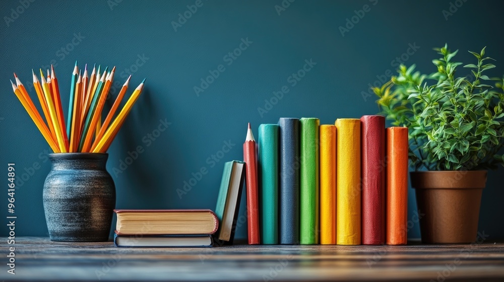Obraz premium Colorful Books and Pencils on a Wooden Table