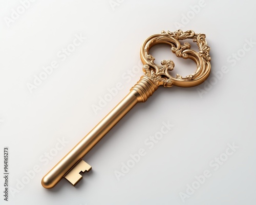 Ornate golden vintage key on white background